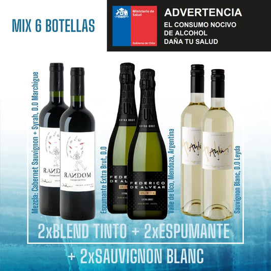 Mix 6 botellas / 2xEspumantesExtra Brut, 2xSauvignon blanc + 2xMezcla tinta